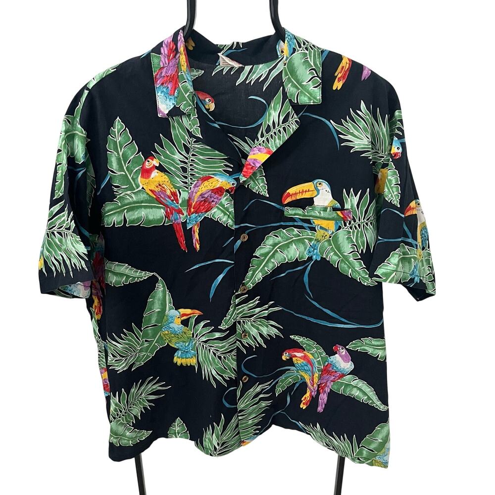 Barefoot In Paradise Hawaiian Shirt XL Black Parrot Toucan Tropical Vtg Cotton